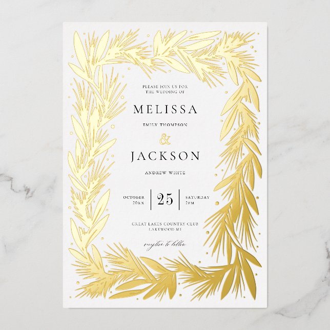 Modern Winter Wreath Frame Wedding Foil Invitation (Front)