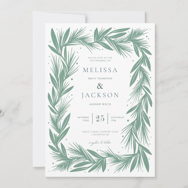 Modern Winter Wreath Frame Wedding Green Invitation (Front)