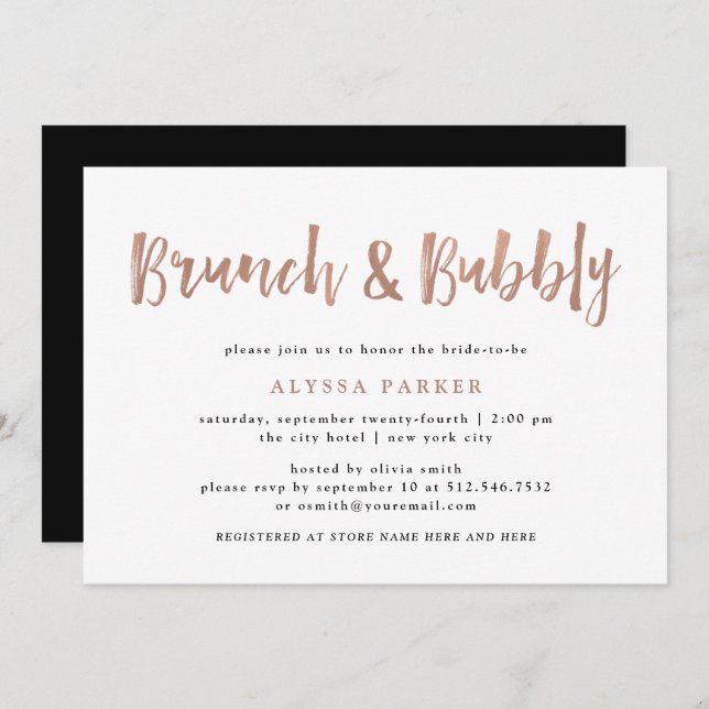 Modern Wish | Faux Rose Gold Brunch and Bubbly Invitation (Front/Back)