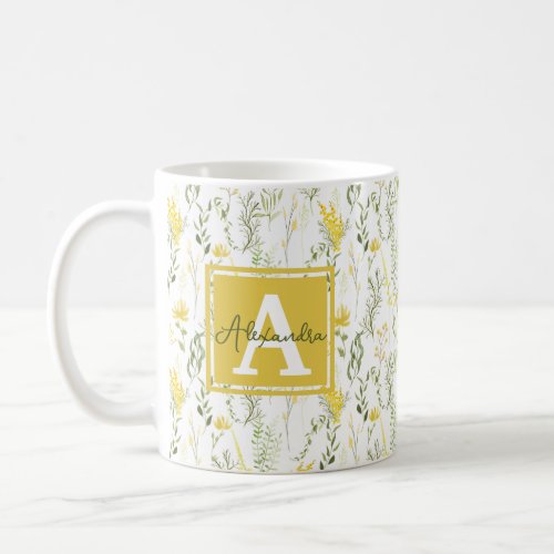 Modern Wispy Yellow Wildflowers Floral Monogram Coffee Mug