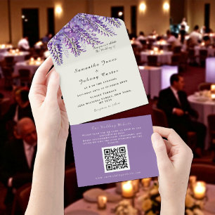 Modern Wisteria Watercolor Purple QR Code Wedding All In One Invitation