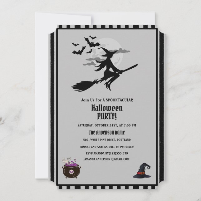 Modern Witch Bats Gray Black Halloween Party  Invitation (Front)