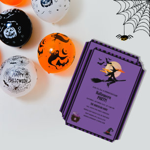 Modern Witch Bats Purple Black Halloween Party Invitation
