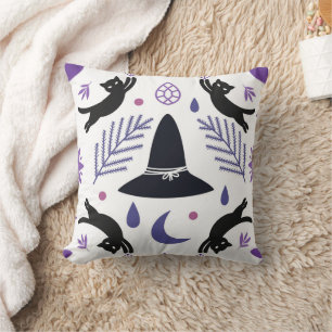 Modern Witchcore Pattern with Black Cats, Witch Ha Throw Pillow
