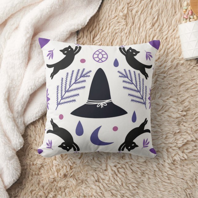 Modern Witchcore Pattern with Black Cats, Witch Ha Throw Pillow (Blanket)