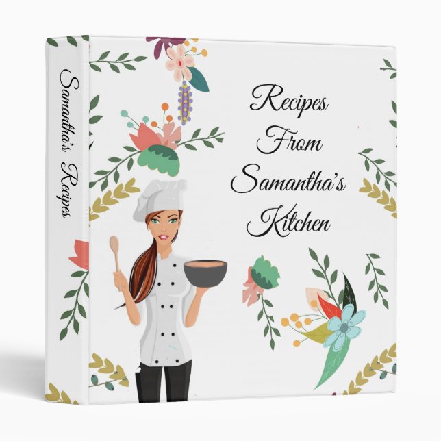 Modern Woman Chef Floral Cookbook Recipe 3 Ring Binder (Front/Spine)
