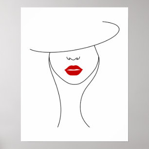 Modern Woman In Hat With Red Lipstick Line Art Poster