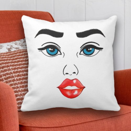 Modern Woman Line Art Drawing Blue Eyes Red Lips Throw Pillow