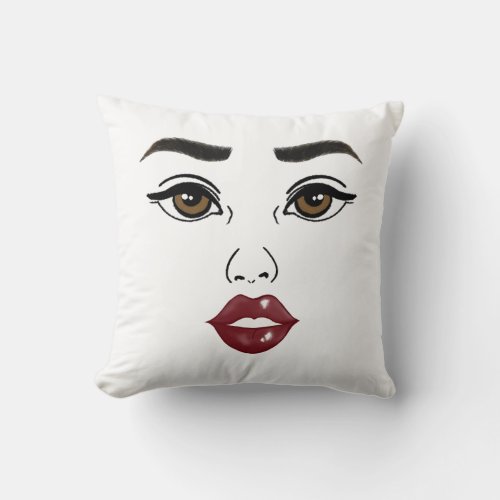 Modern Woman Line Art Drawing Brown Eyes Plum Lips Throw Pillow