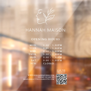 Modern, Woman Logo, Opening Hours & QR Code Window Cling