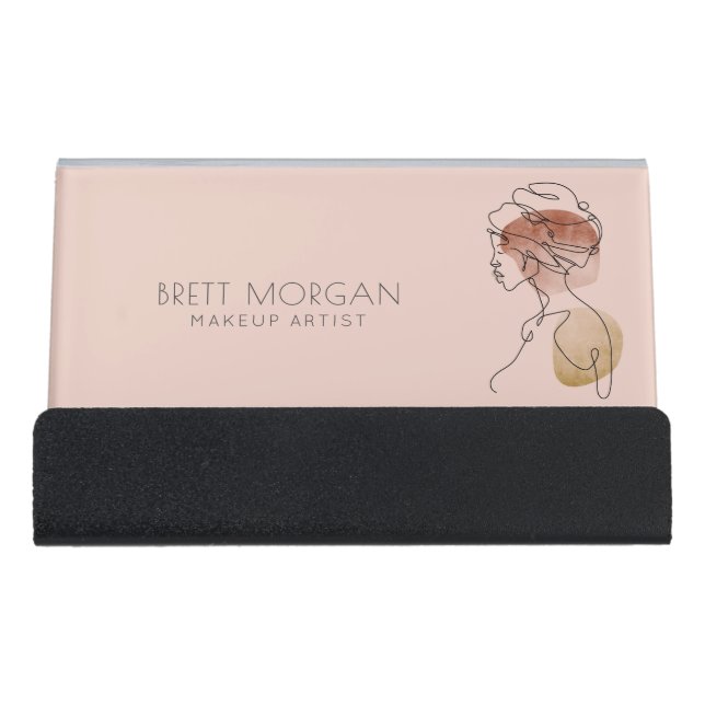 Modern Woman Makeup Artist Blush Pink Desk Business Card Holder (Front)
