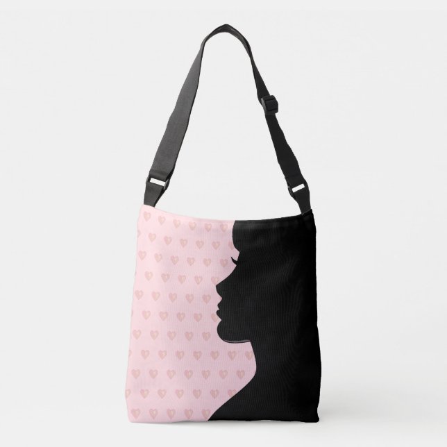 Modern Woman Silhouette & Hearts on Light Pink Cro Crossbody Bag (Front)