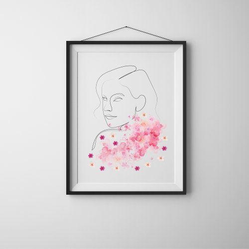 Modern Woman With pink Flowers Line Art Poster