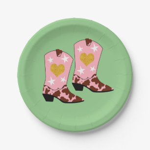 Modern Women Pink Cowgirl Western Boots Green Paper Plates