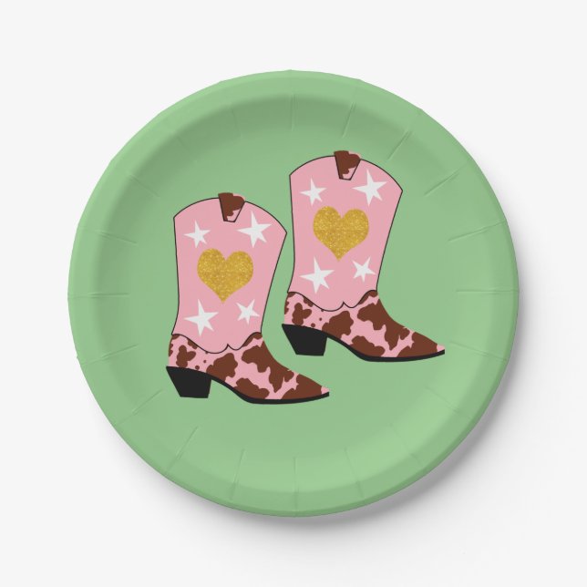 Modern Women Pink Cowgirl Western Boots Green Paper Plates (Front)