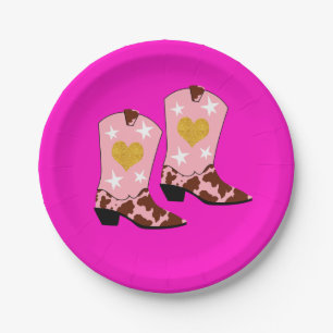 Modern Women Pink Cowgirl Western Boots Hot Pink Paper Plates