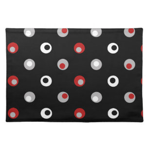 Modern Wonky Polka Dots, Black, Gray, Red, White Cloth Placemat