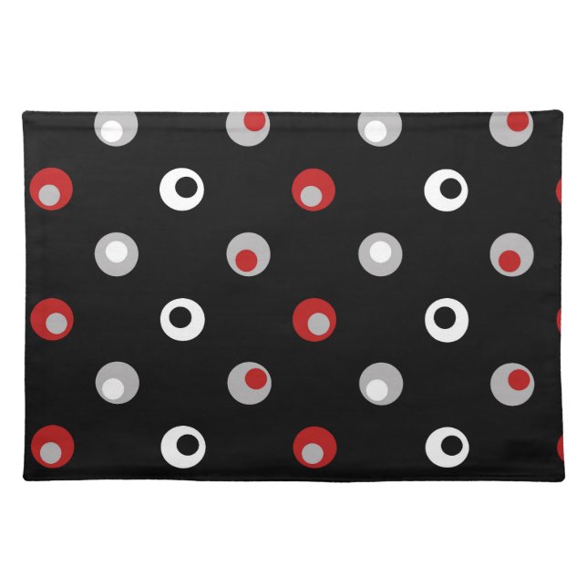 Modern Wonky Polka Dots, Black, Gray, Red, White Cloth Placemat (Front)