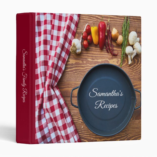 Modern Wood And Red Gingham Recipe Binder (Front/Spine)