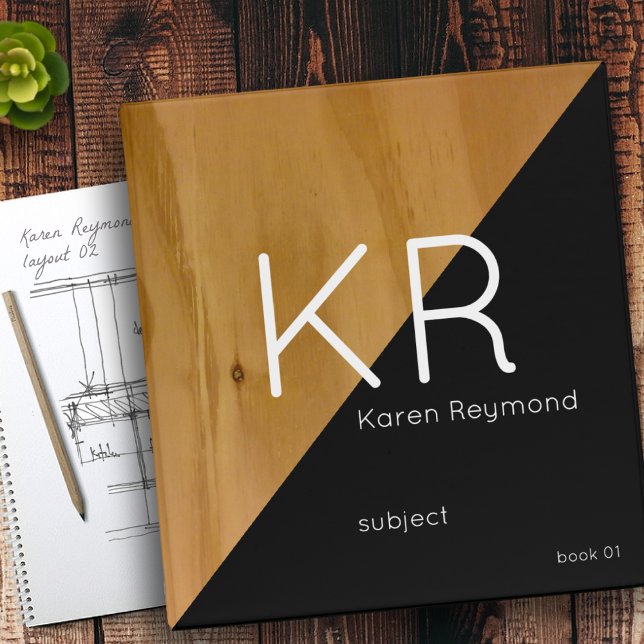 Modern Wood & Black Custom Subject, Monogrammed 3 Ring Binder (Creator Uploaded)