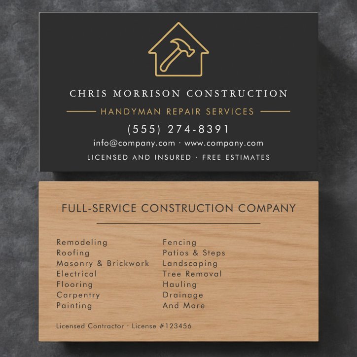 Modern Wood Black Gold Handyman Construction Business Card