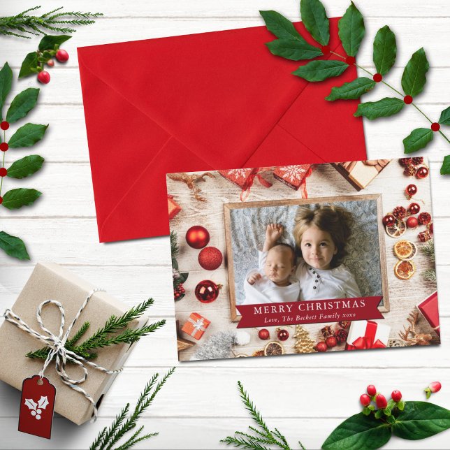 Modern Wood & Christmas Decor Holiday Photo Card (Creator Uploaded)