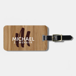 modern wood-color brown monogram name travel luggage tag