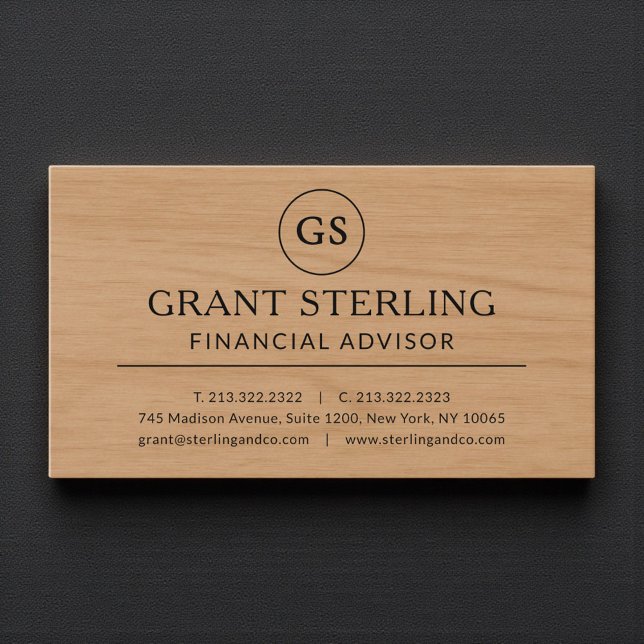 Modern Wood Financial Advisor Luxury Monogram Business Card (Creator Uploaded)