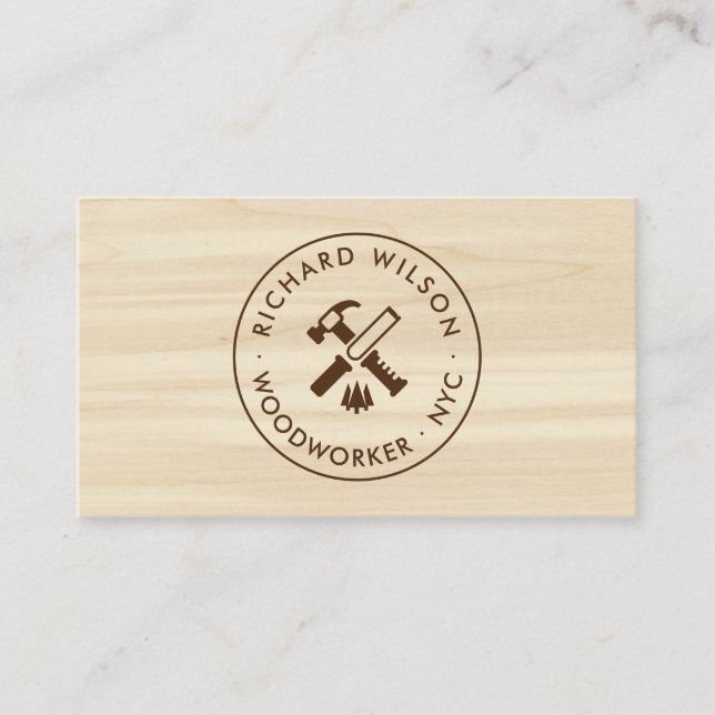 Modern wood grain look professional carpenter logo business card (Front)