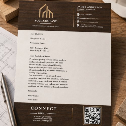 Modern Wood Grain QR Code Construction Letterhead