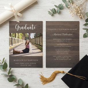 Modern Wood Grain Rustic Photo Graduation Invitation