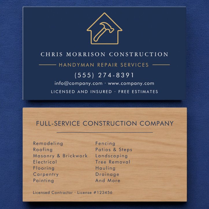 Modern Wood Handyman Navy Blue Gold Construction Business Card