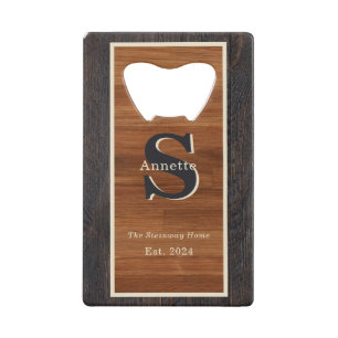 Modern Wood Hue 2Tone Monogram Square Credit Card Bottle Opener