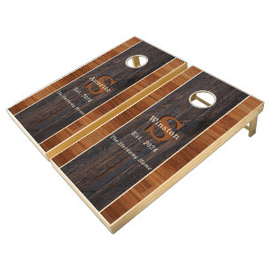Modern Wood Hue 2Tone Monogram Strips Cornhole Se Cornhole Set