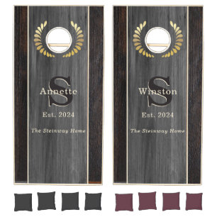 Modern Wood Hue Monogram Strips Gray Crest Cornhole Set