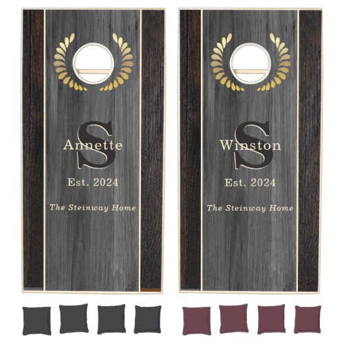 Modern Wood  Hue Monogram Strips Gray Crest Cornhole Set