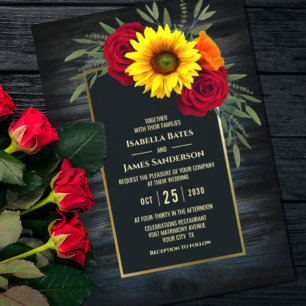 Modern Wood Sunflower Burgundy Rose Wedding Invitation