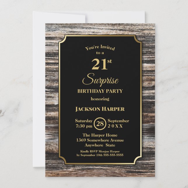Modern Wood Surprise 21st Birthday Party Invitation (Front)