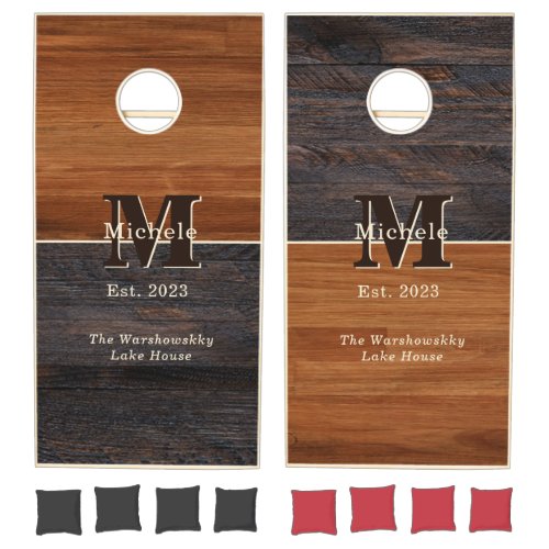 Modern Wood Tone Monogram Square  Cornhole Set