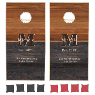 Modern Wood Tone Monogram Square  Cornhole Set