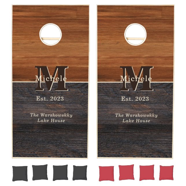 Modern Wood Tone Monogram Square  Cornhole Set (Set)