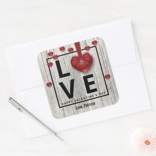 Modern Wood Valentines Day LOVE Red Hearts Rustic Square Sticker
