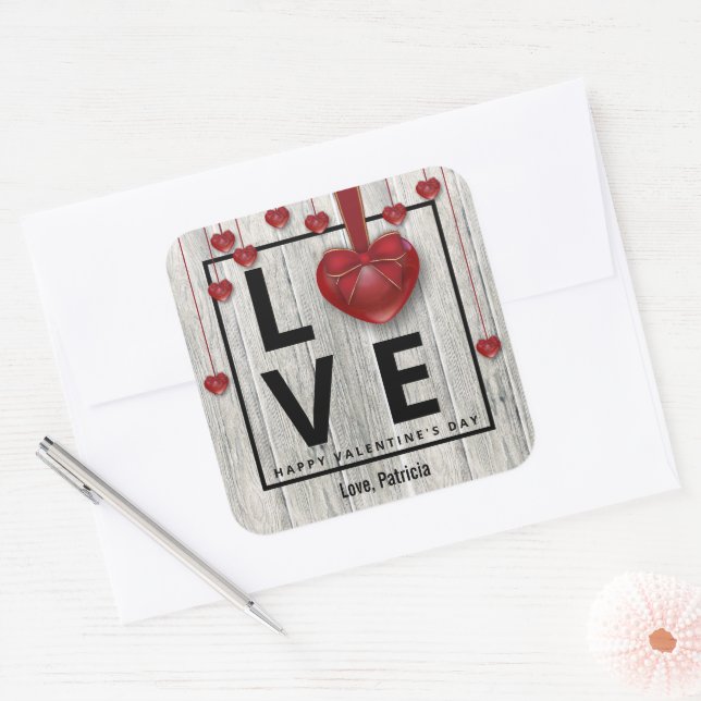 Modern Wood Valentine's Day LOVE Red Hearts Rustic Square Sticker (Envelope)