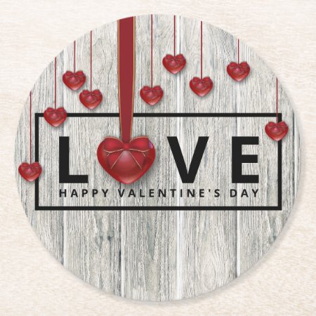 Modern Wood Valentine's Day Rustic Love Red Hearts Round Paper Coa
