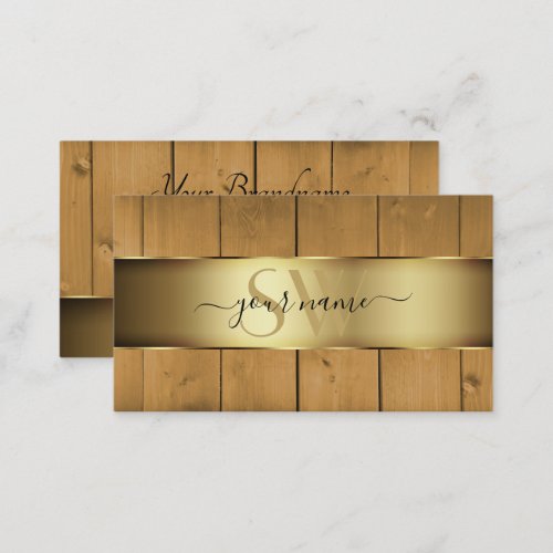 Modern Wooden Boards Brown Woodgrain Monogram Gold Business Card