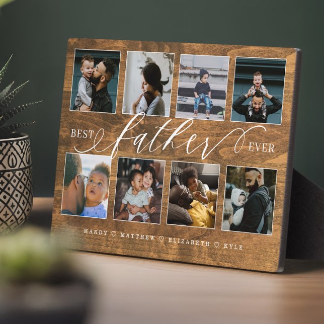 Modern Woodgrain Custom Dad Family Photo Collage Plaque (Best Father Ever Rustic Woodgrain Photo Collage Plaque)