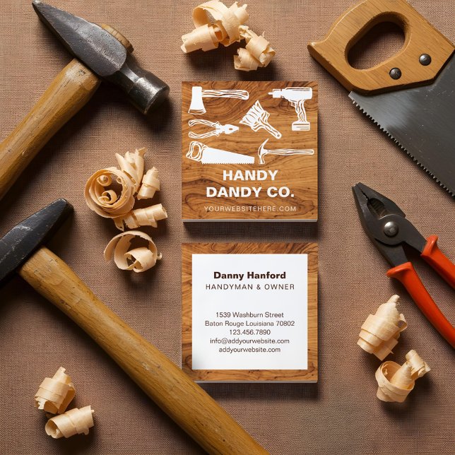 Modern Woodgrain Handyman Tools Contractor Builder Square Business Card (Modern Woodgrain Handyman Tools Contractor Builder Square Business Card)