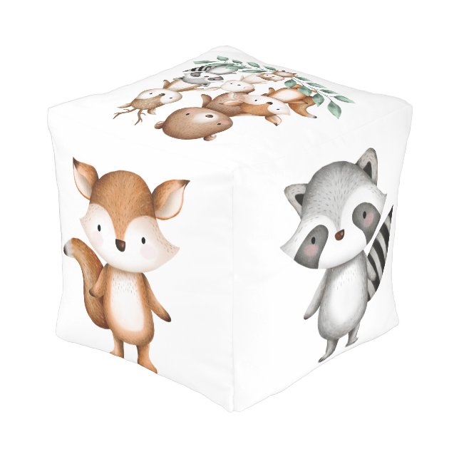 Modern Woodland Animals Forest Baby Nursery Decor Pouf (Angled Back)