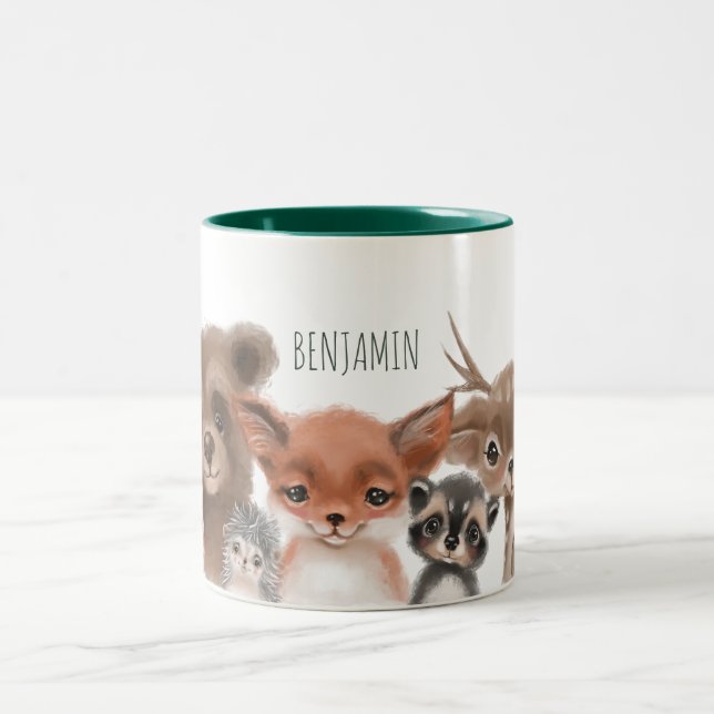 Modern Woodland Animals Forest Greenery  Two-Tone Coffee Mug (Center)
