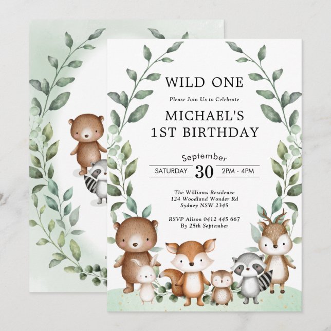 Modern Woodland Animals Wild One 1st Birthday Invitation (Front/Back)